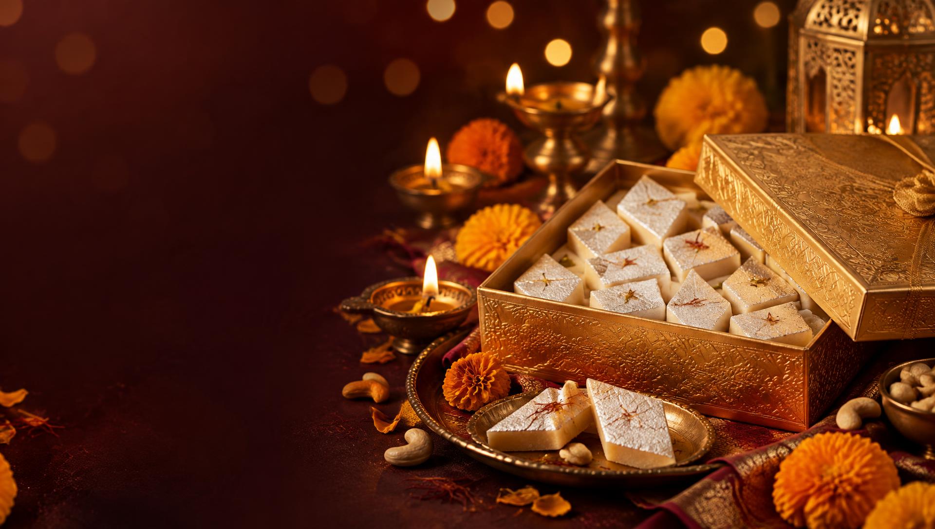 Golden gift box of silver varq kaju katli with diyas and marigolds